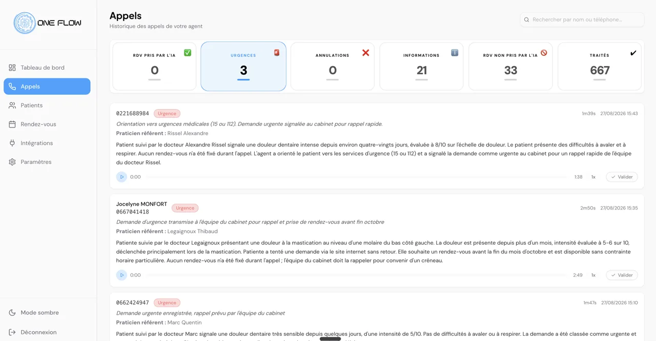 Tableau de bord One Flow : historique des appels catégorisés par motif (RDV, urgence, annulation)